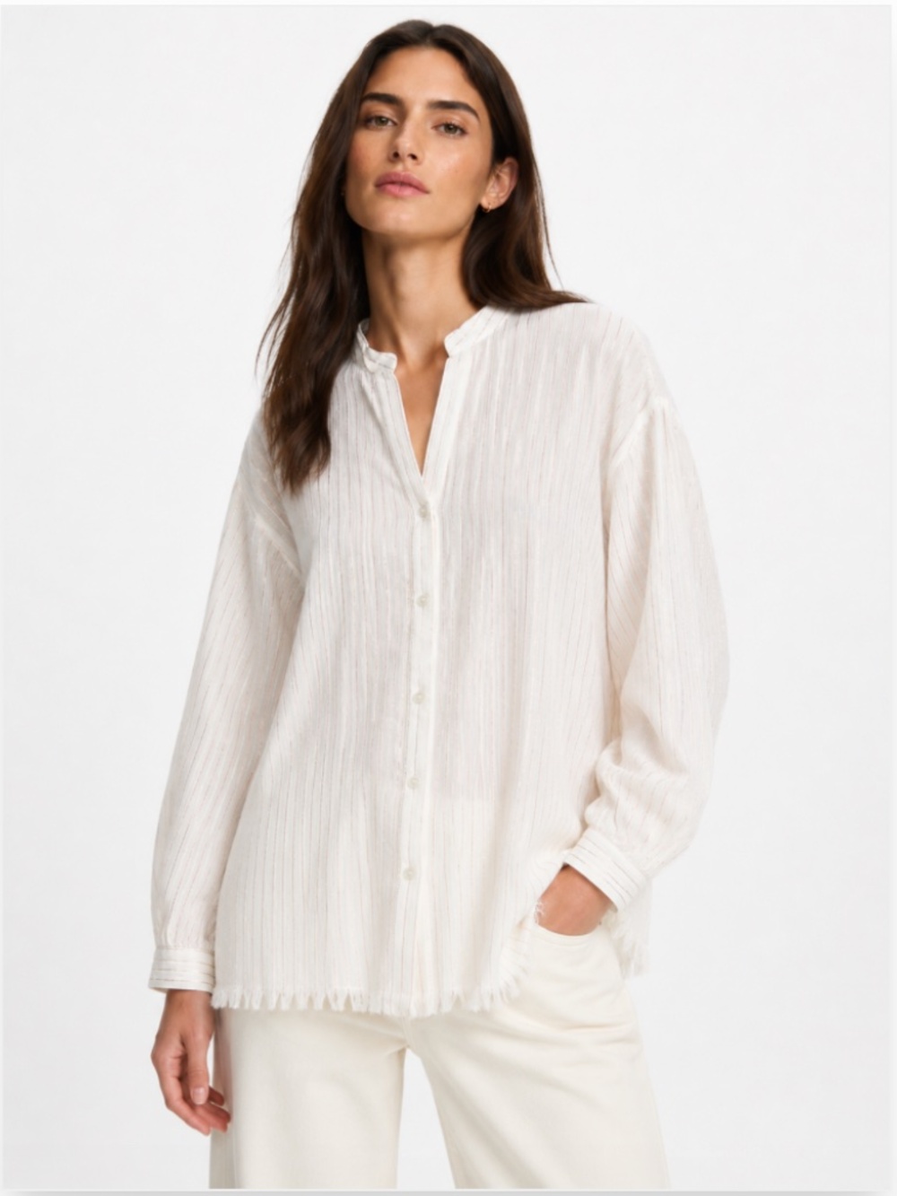 Zara Mandarin Collar Metallic Stripe Button-Up Blouse with Frayed Hem Size M
